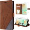 Case for Samsung Galaxy S24 FE (not for S24) with 2 Tempered Glasses, Brown PU Leather Protection
