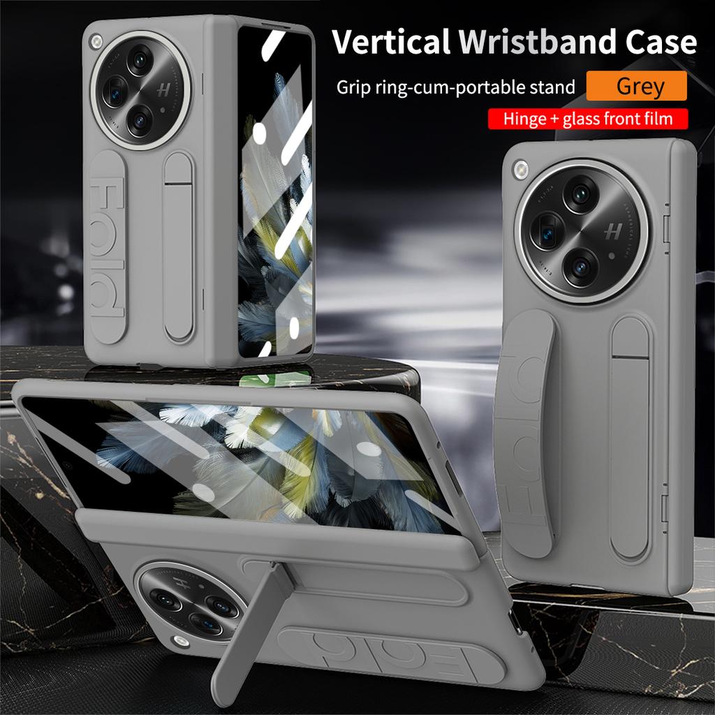 Luxury Business Fold Silicone Case for OPPO Find N3 Skin Feel with Wrist Strap and Stand and Glass Front Film Anti Drop Shockproof Protect Cover