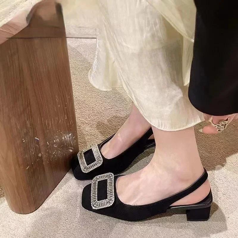 Fashion Luxury Crystal Mid Heels Women Sandals Party Shoes Summer New Chunky Slingback Slippers Designer Sexy High Heel Pumps