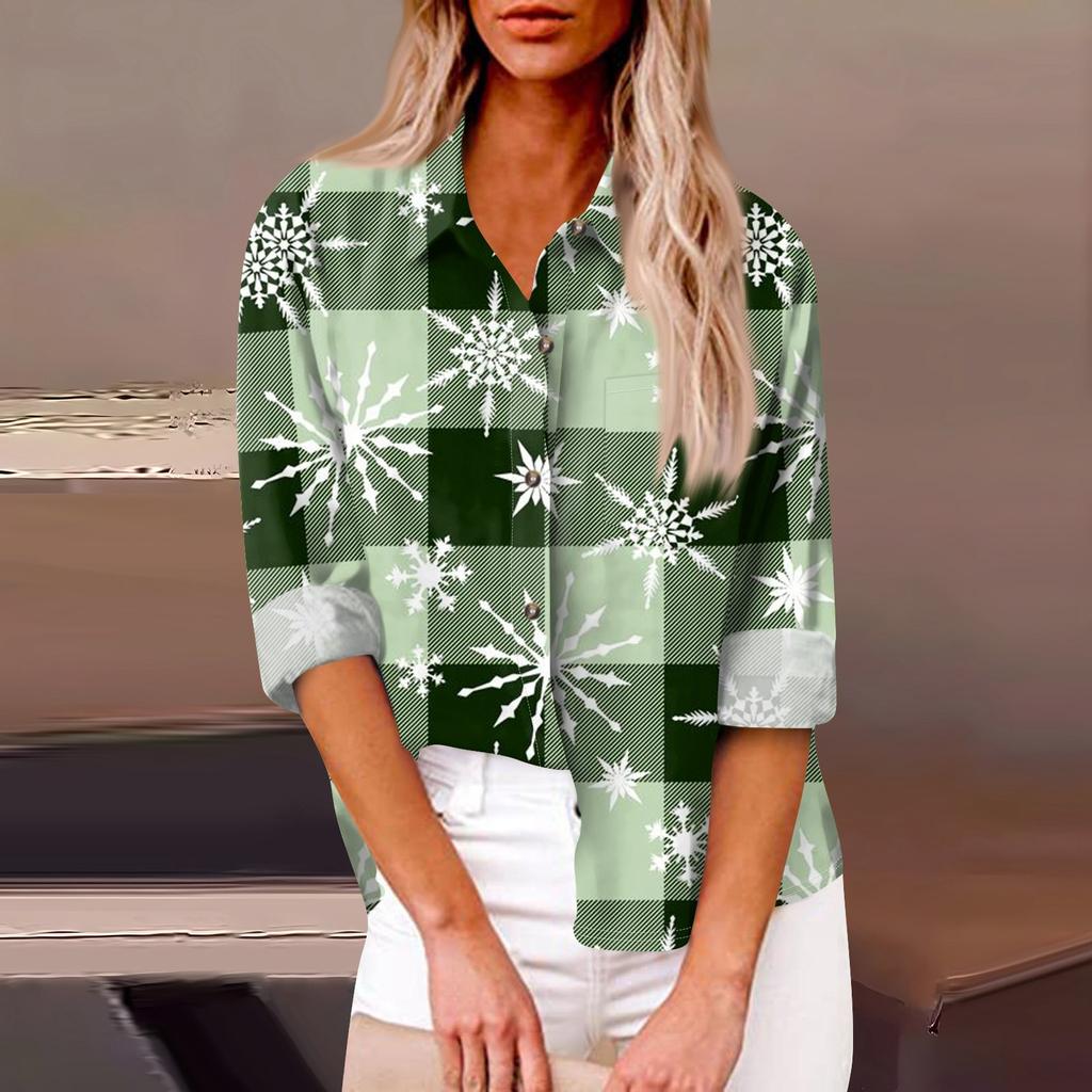 Женская свободная повседневная рубашка с длинными рукавами и рождественским принтом, кардиган с принтом и карманами