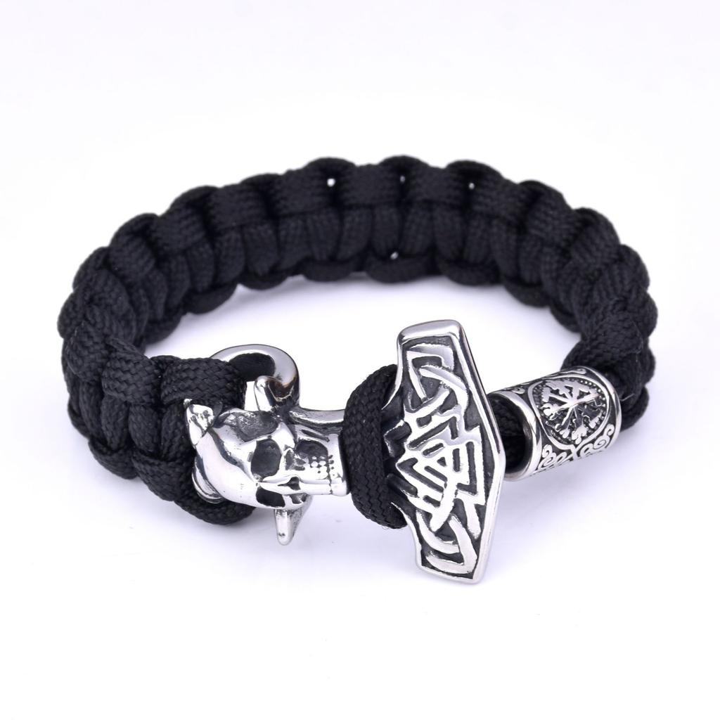 Мужской викинг из нержавеющей стали, голова призрака, молот Тора, зонтик, плетеный браслет из веревки, браслет для выживания на открытом воздухе