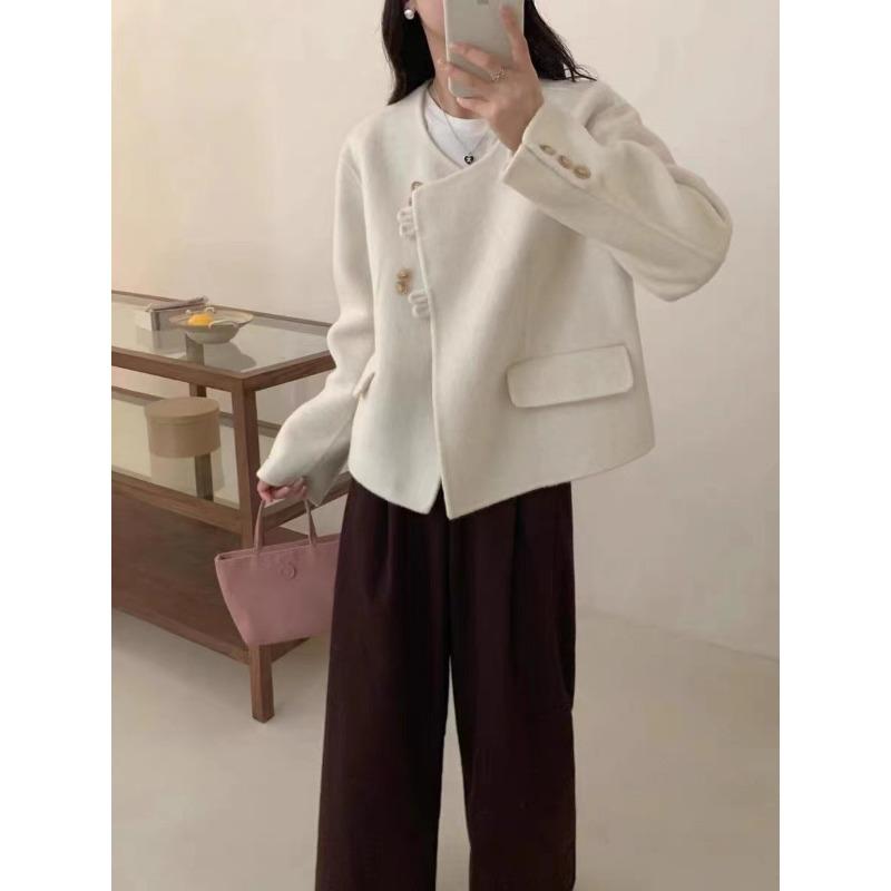 Latest Korean Style Round Neck Double-sided Wool Coat Short Style for Small and Trendy Women's