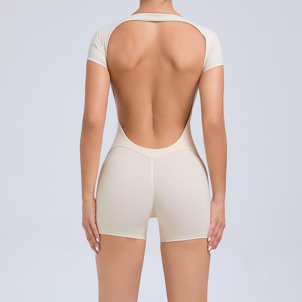 European & American Backless Peach Hip Tight Yoga One-Piece - Short Sleeve for Dance, Fitness & Sports