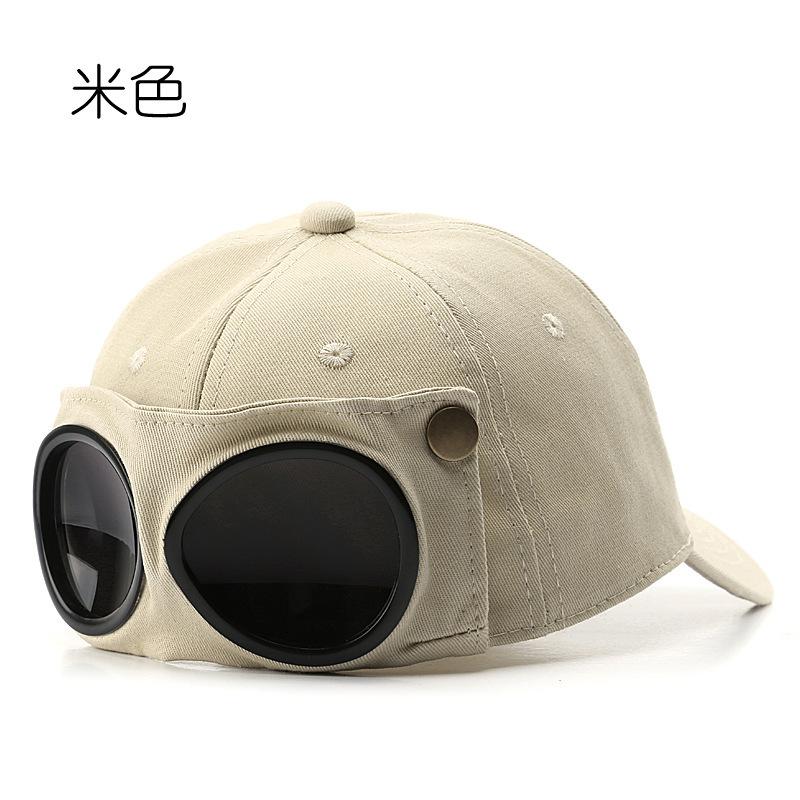 Pilot-style personality glasses and baseball cap