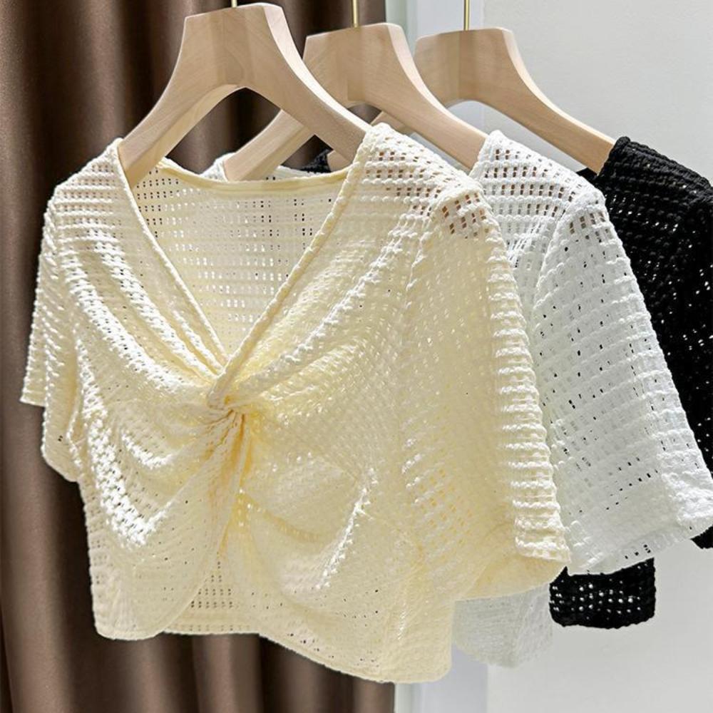 Short Sleeve Mesh Knitted Pullover Top V-neck Sun Protection Shawl T Shirt Beach
