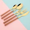 24Pcs Imitation Wooden Handle Cutlery Set Knife Dessert Fork Coffee Spoon Dinnerware Set Gold Kitchen Tableware Stainless Steel Flatware
