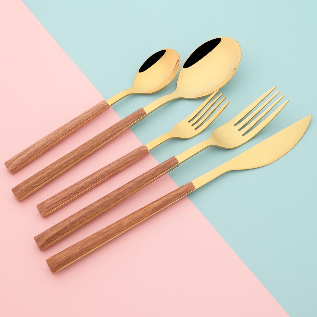 24Pcs Imitation Wooden Handle Cutlery Set Knife Dessert Fork Coffee Spoon Dinnerware Set Gold Kitchen Tableware Stainless Steel Flatware