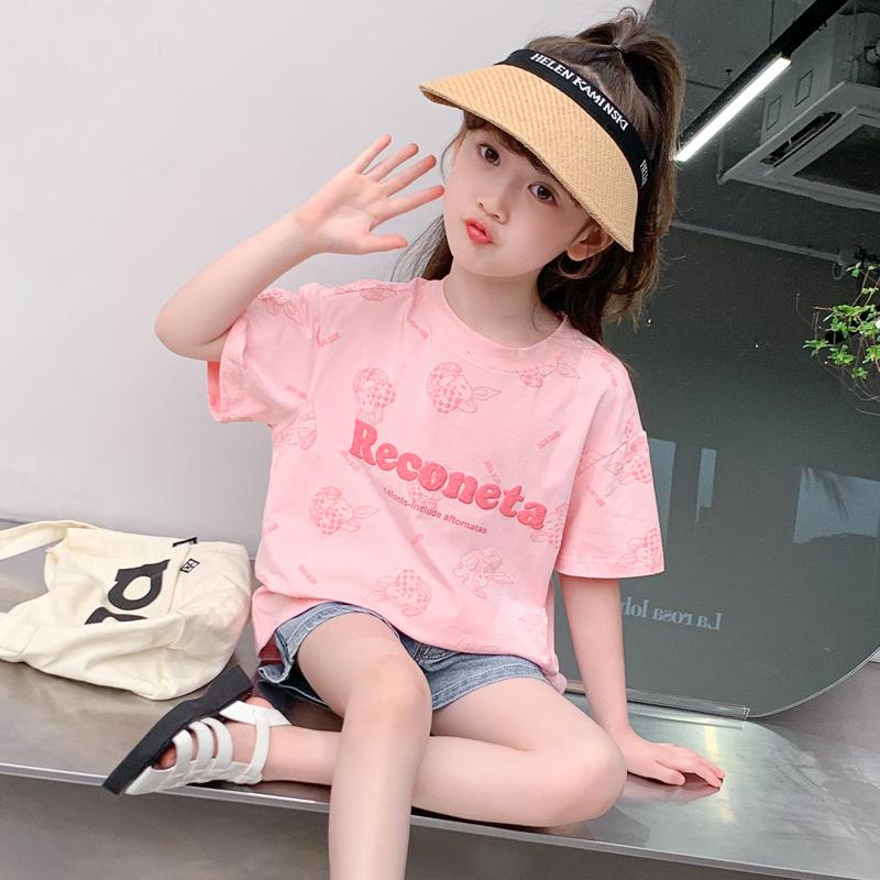 Girls Summer Loose Fit Cartoon Rabbit Print T Shirt for Big Kids