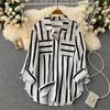 Summer, Spring, Autumn Mid Length Vertical Striped Multi-color Shirt Jacket for Women, Korean Casual Loose Top