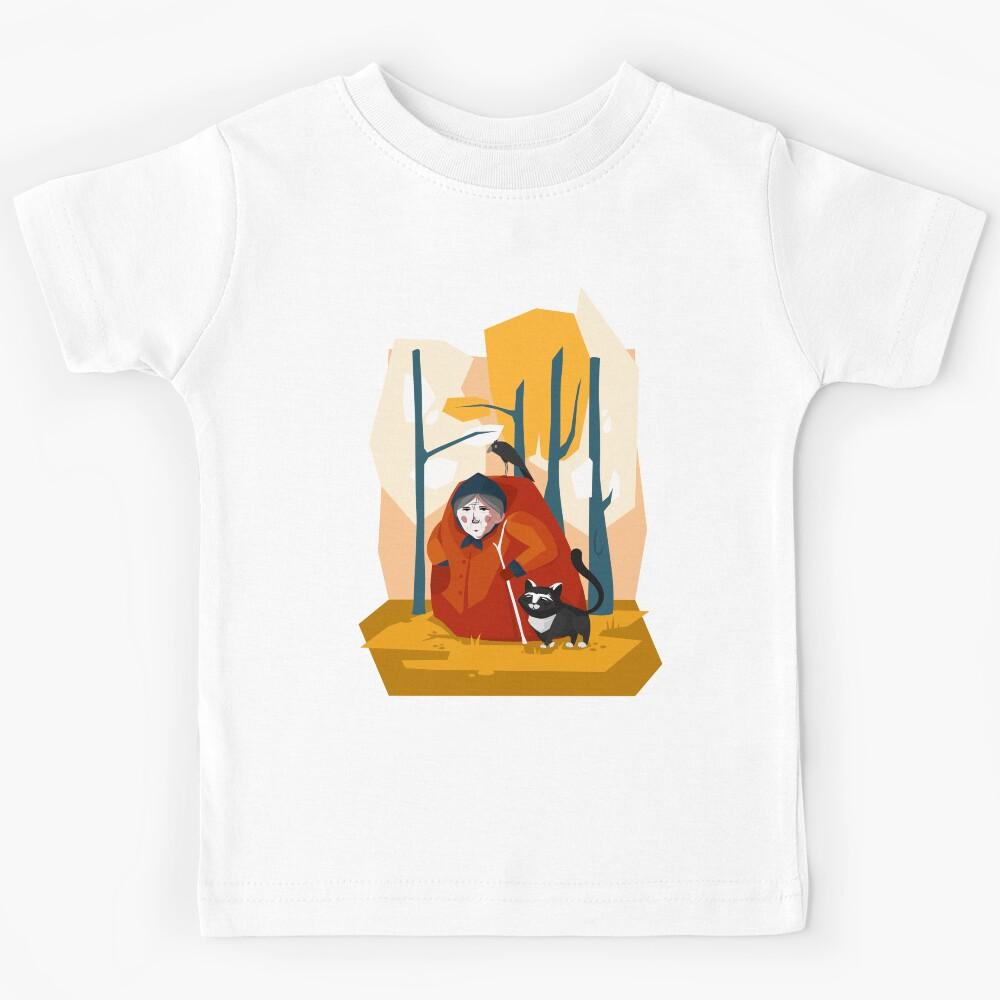 An old woman with a cat and a crow in an autumn forest. Cartoon children's illustration. Kids T-Shirt
