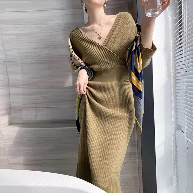 Knitted Sweater Dress Women Autumn Winter V-neck With Long Slim Knit Dresses Female High Waist Elegant Evening Party Dress