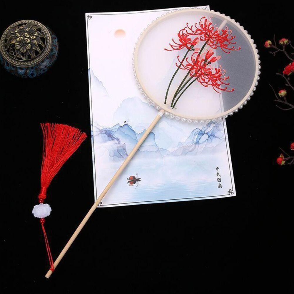 Clothing Acceessories Home Decoration With Tassel Long Handle Chinese Retro Style Embroidery Handheld Fan Pearl Edging