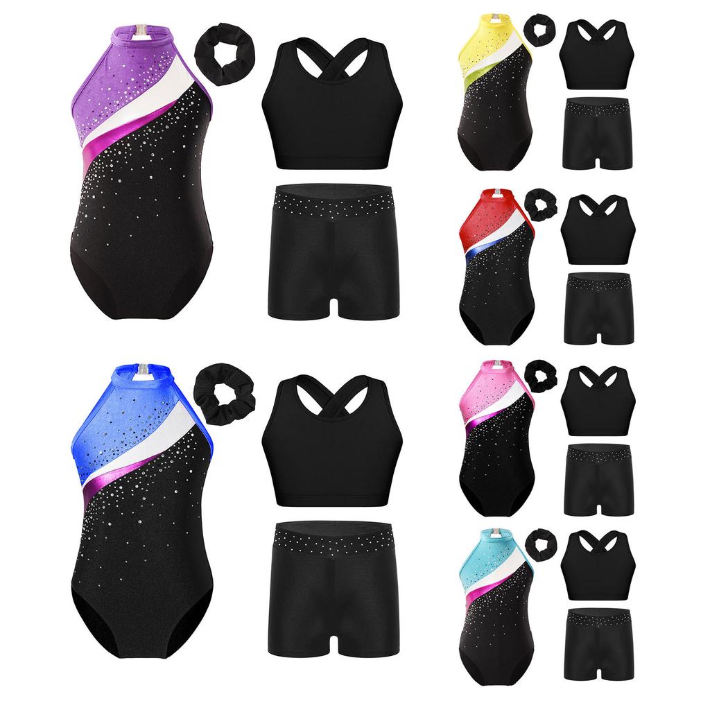 Girls Rhinestone Gymnastics Costume Set with Sleeveless Leotard Vest Shorts Waistband and Hair Band