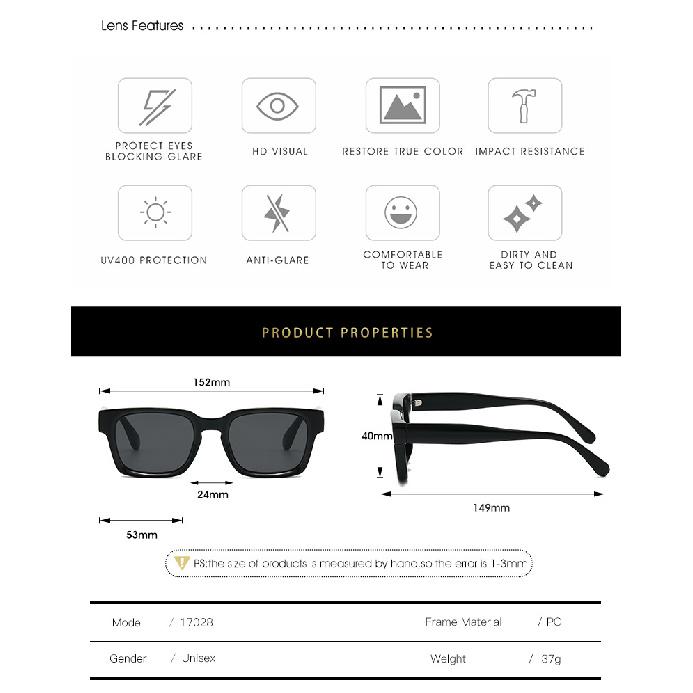 UV protection sunglasses, men's and women's styles, square frame eyewear