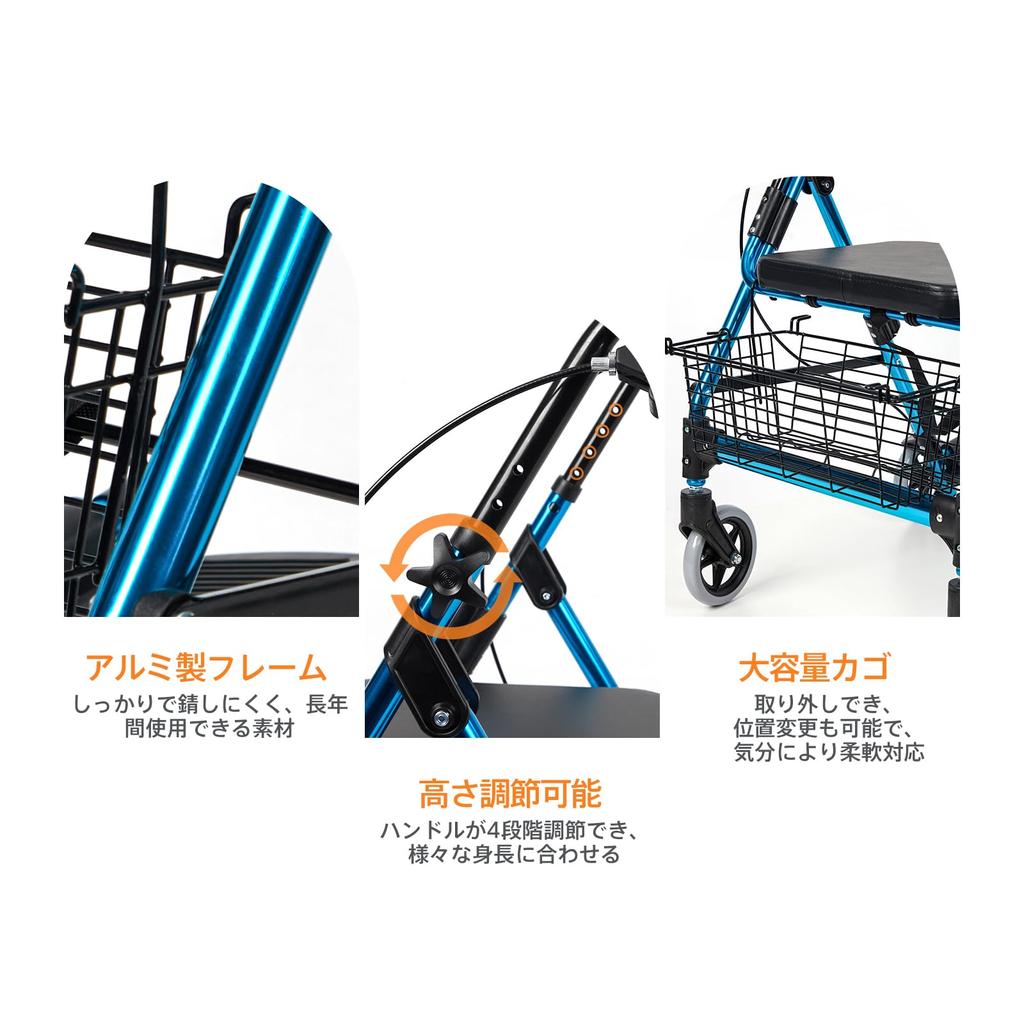 Walker for the Elderly Handcart Foldable Sitting 4 Wheel Walker with Pedal Lightweight Silver Car Walking Aid Rehabilitation Blue Care-parents