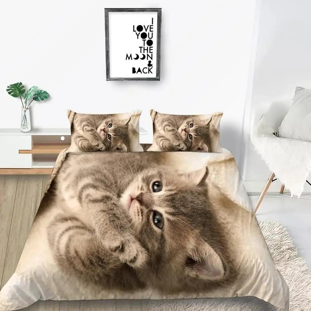 Комплект постельного белья с рисунком кота размера King Size из микрофибры с милым принтом животных для девочек-подростков и мальчиков, комплект постельного белья с рисунком милой кошечки