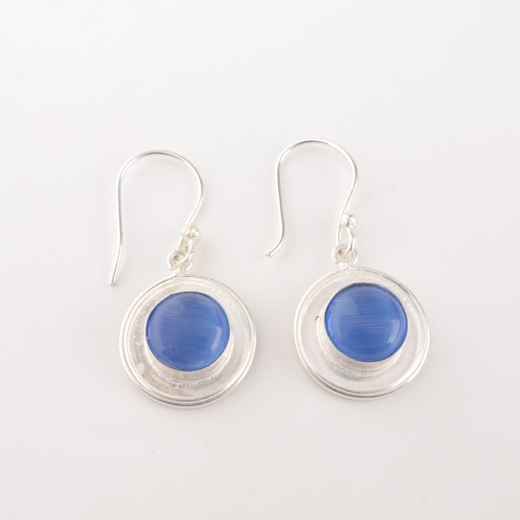 Dark Blue Cat's Eye Gemstone 925 Sterling Silver Jewelry Stylish Earrings 1.40" EE-4-44