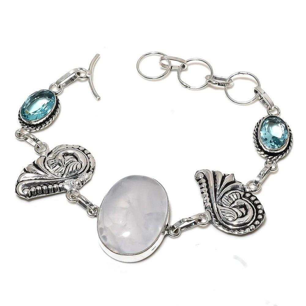 Браслет из серебра 925 пробы с радужным лунным камнем и голубым топазом 7-8 дюймов m7O92