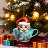 Christmas Pendant 2D Acrylic Cat Sitting Mug Charm Hanging Decor with Lanyard Holiday Party