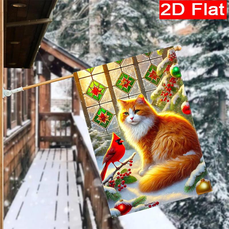 2D Flat, 2D Flat Christmas Orange Cat Red Bishop Bird Garden Flag- Outdoor Garden Flag Double-sided Home Decoration Courtyard Decoration Outdoor Decor