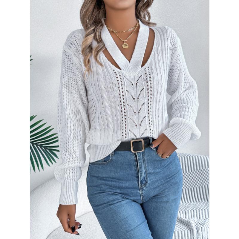 Autumn Winter Casual Hollow Out V-neck Twist Pullover Sweater Long Sleeve Casual Fashion Elegant Casual Tops Ladies Office Streetwear Simple Clothing