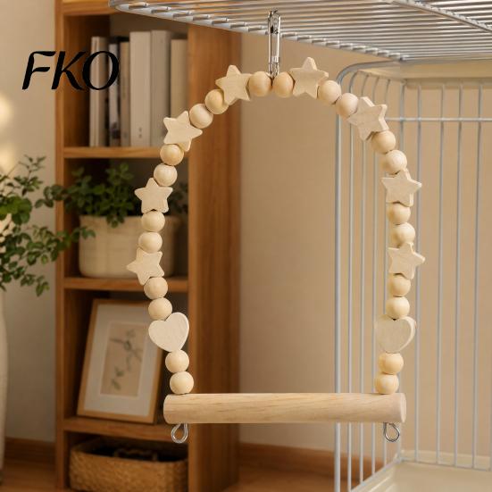 Durable Parrot Swing Perch, Solid Wood Perch Pole, Wooden Blocks And Bird Enrichment Toy Beads Arch, Unpainted for Small Medium Parrots