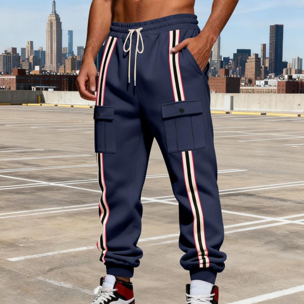 Men's Casual Heavy-duty Fleece American Pants, Men's Striped Color-blocking Retro Strapless Cargo Pants