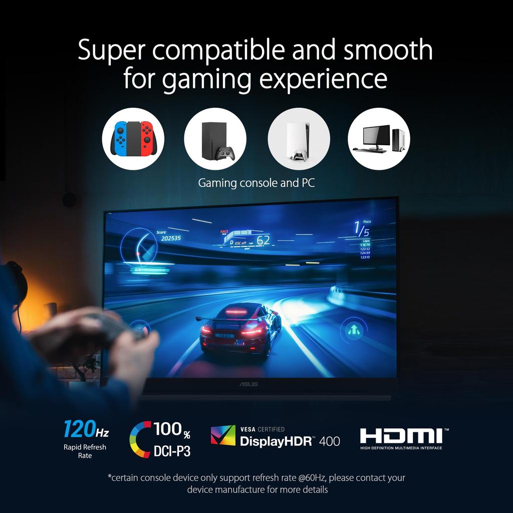 ASUS Portable Monitor ZenScreen MB16QHG 16 Inch 120Hz 400 Tripod Socket USB HDMI FSC Mix Certified Tripod Socket Blue Light Reduction Flicker Free