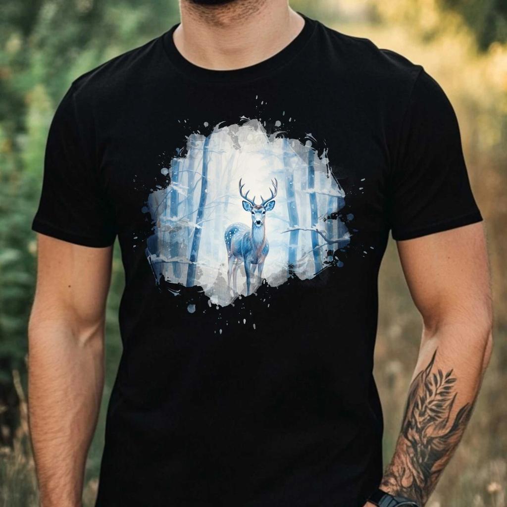 T-Shirt Herren Hirsch im Verschneiten Wald Motiv Baumwolle Größe XS bis 5XL