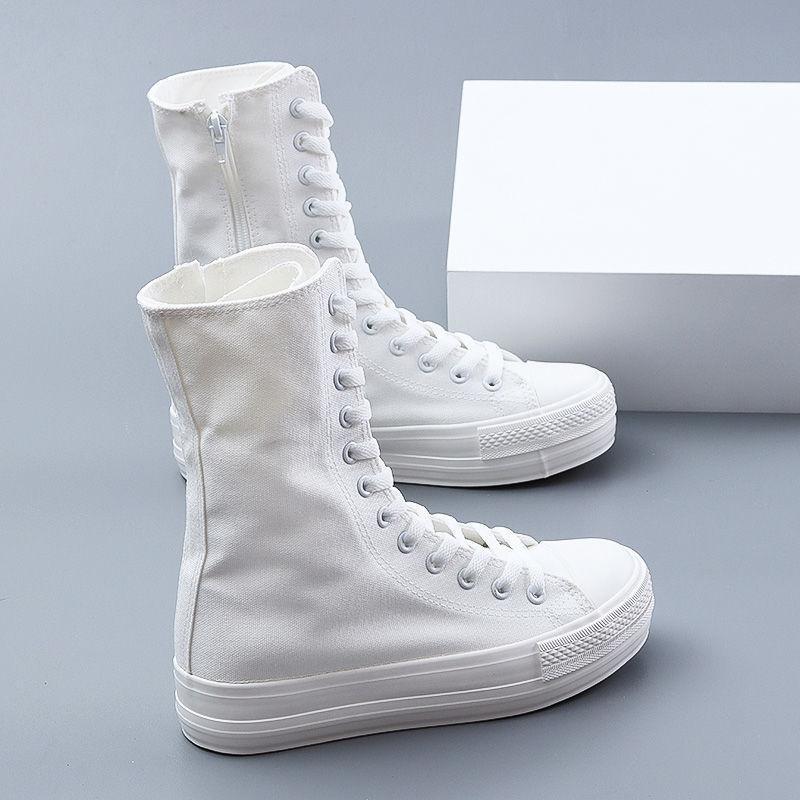 Женская обувь Модные высокие кеды Ботинки из парусины Осень Удобные танцевальные туфли для женщин Белые повседневные кроссовки Женские ботинки до середины икры