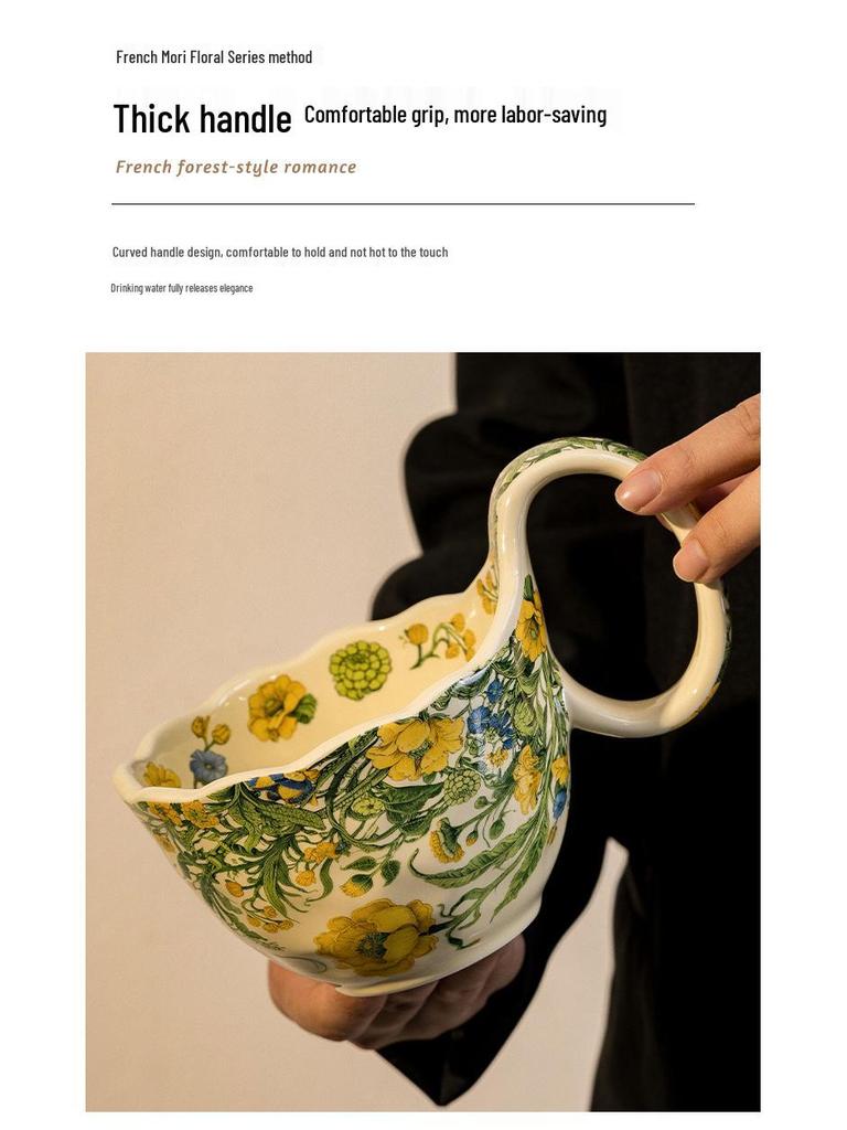Керамическая кружка с изогнутой ручкой, ложкой и блюдцем, цветочный дизайн, идеально подходит для завтрака, овсянки, молока, кофе.