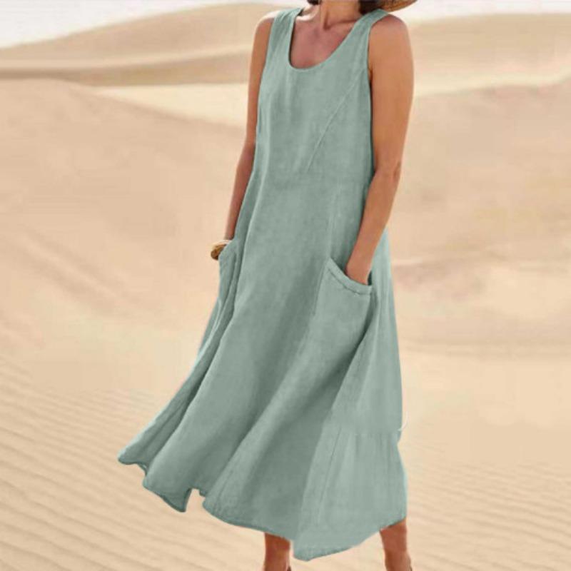 Summertime Pocket Sleeveless Round Neck Women Cotton and Linen Dress