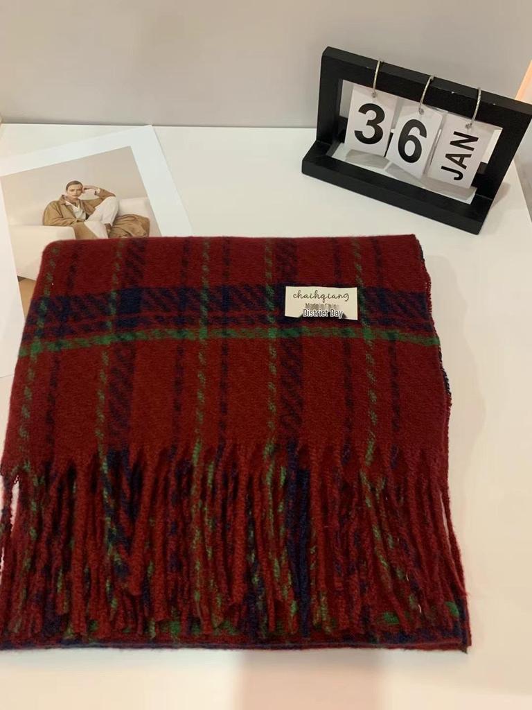 Women's Winter Red Plaid Scarf, Korean Style Shawl, Thick Dual-Use Neck Warmer for Men and Women