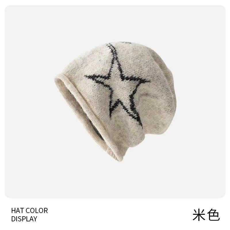 Hat Women's Autumn and Winter Baotou Hat Star Drawstring Stacking Hat Small Wool Hat Warm and Cold Knitted Curling