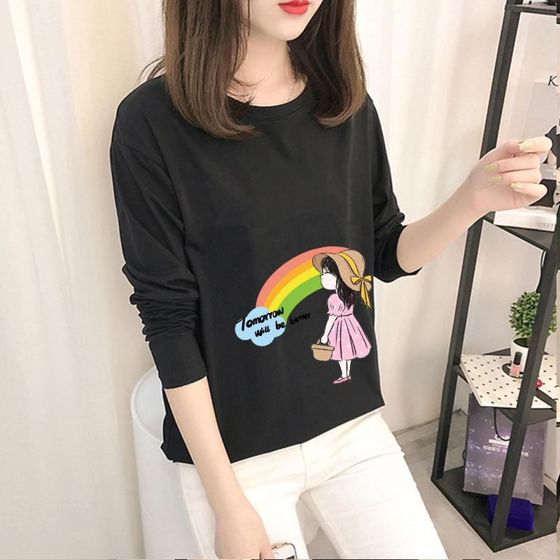 Осень 2023 г. Корейские топы с рисунком - женские футболки с длинными рукавами в однотонных цветах