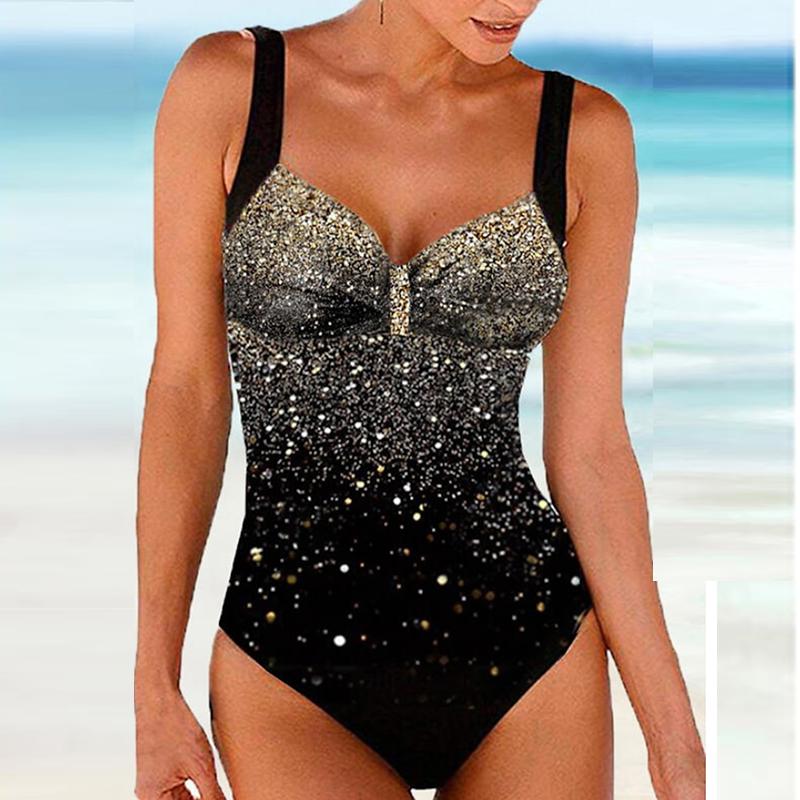 Women's Shoulder Strap Swimsuit Blue Shiny Print Bikini Tankini Swimsuit