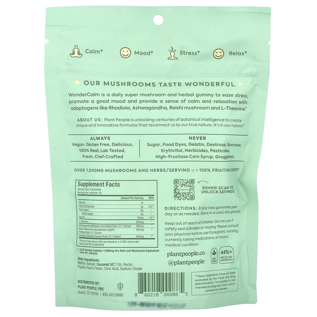 Wondercalm®, Грибные жевательные конфеты, Вкус летнего персика, 60 жевательных конфет