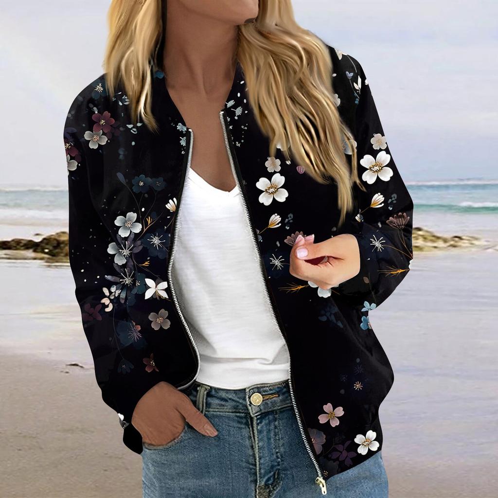 Женская модная повседневная куртка на молнии с длинным рукавом с принтом и круглым вырезом