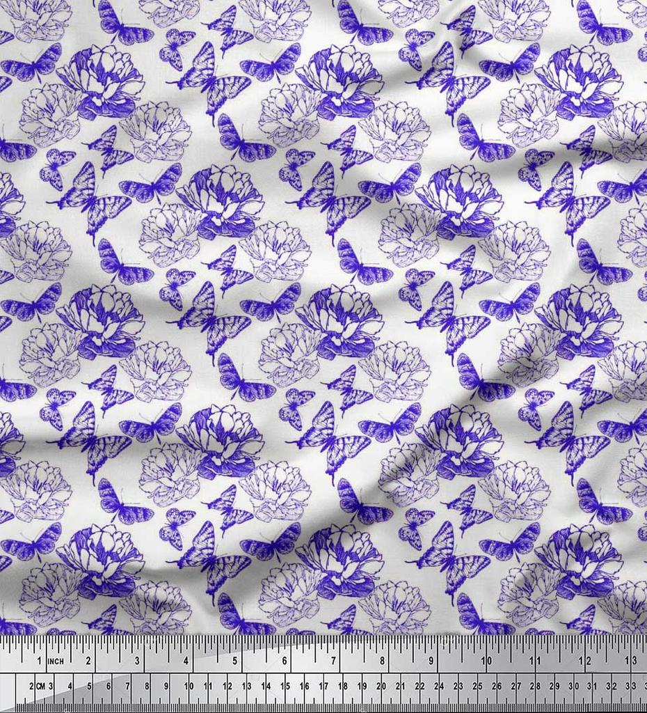 Soimoi Poly Crepe Fabric Butterfly & Peony Floral Printed Craft Fabric by the metre 42 Inch