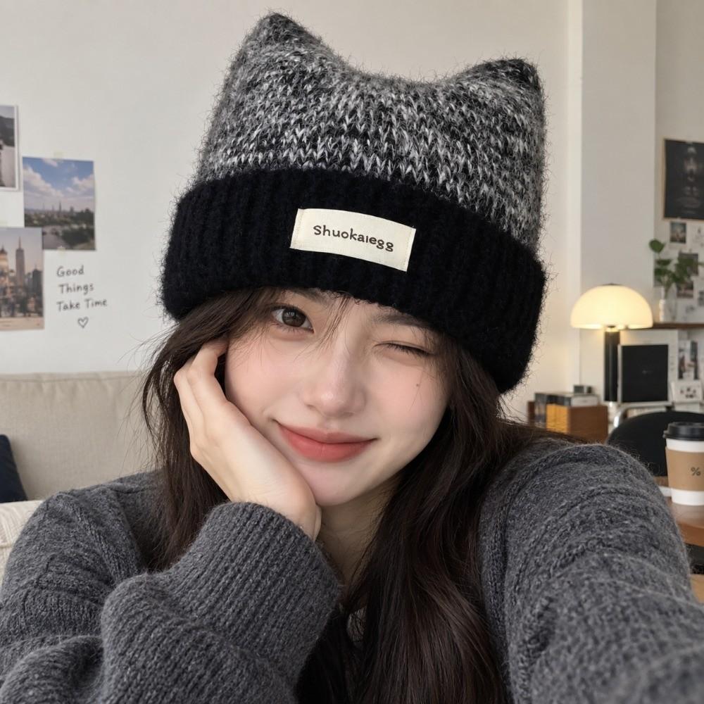Warm Knitted Beanie Windproof Winter Cap Versatile Cat Ear Hat Autumn Winter