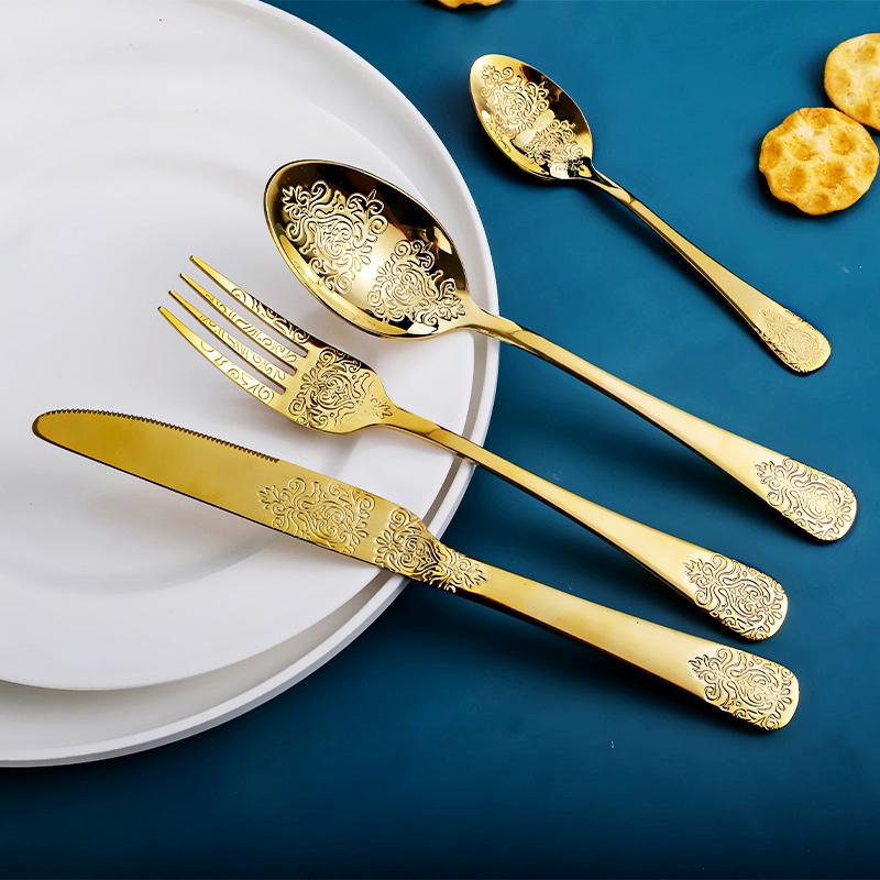 Gold Cutlery Set Vintage Tableware Set Stainless Steel Flatware Knife Fork Spoon Luxury Western Silverware Dinnerware Set