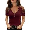 Women Tops V-Neck Hollow Lace Short Sleeve Tee Shirt Slim Fit Solid Color Pullover Tops