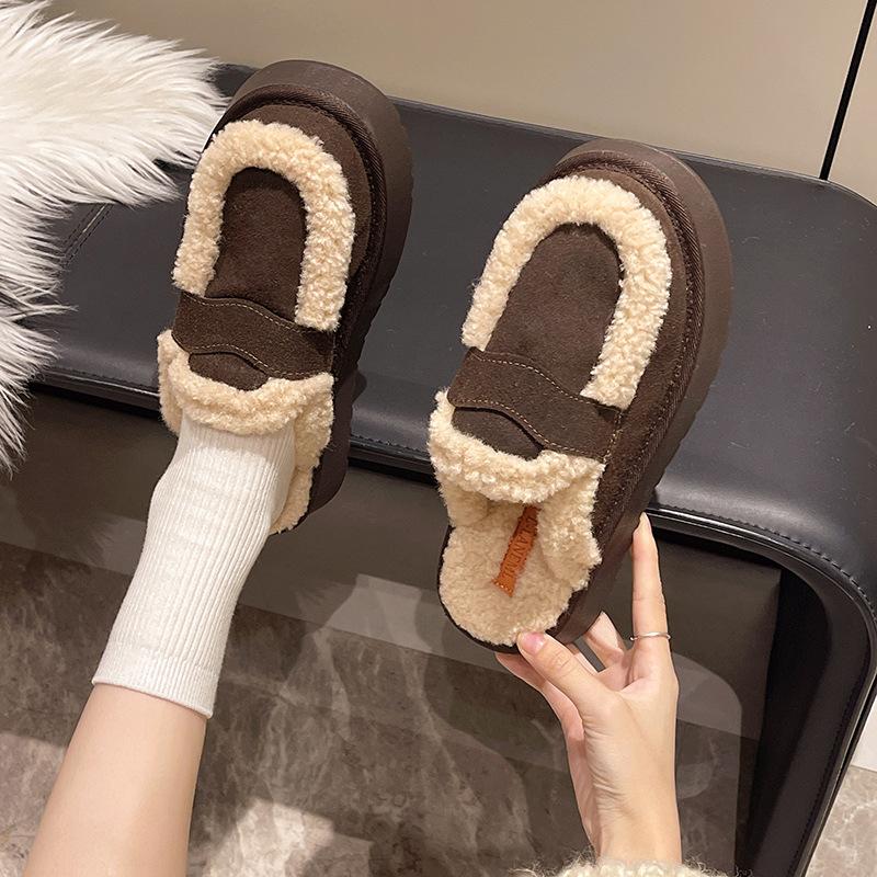 Fashion Fluffy Slippers Women's New Autumn and Winter Thick-bottomed Warm Bag Head Solid Color Half-tray Cotton Slippers