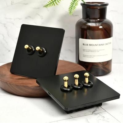 86 Type Retro Switch 1-4 Gang 2 Way Wall Light Brass Lever Toggle Switch Black Matte Stainless Steel Panel EU FR Power Outlet
