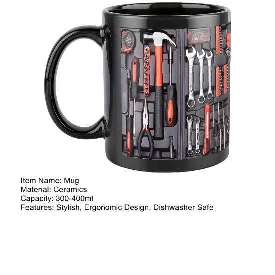 Toolbox Coffee Mug Mechanical Tool Box Mug Ceramic Double-sided Print Ergonomic Handle Cup Microwave Dishwasher Safe Gift for Mechanics Car