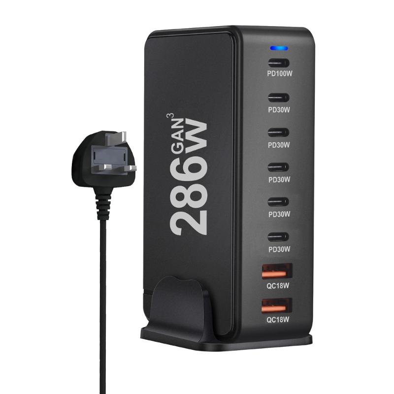 Многопортовая зарядная станция с выходной мощностью 286 Вт, 6 USB C и 2 USB-слота, настольный держатель-подставка для зарядки планшетов и телефонов