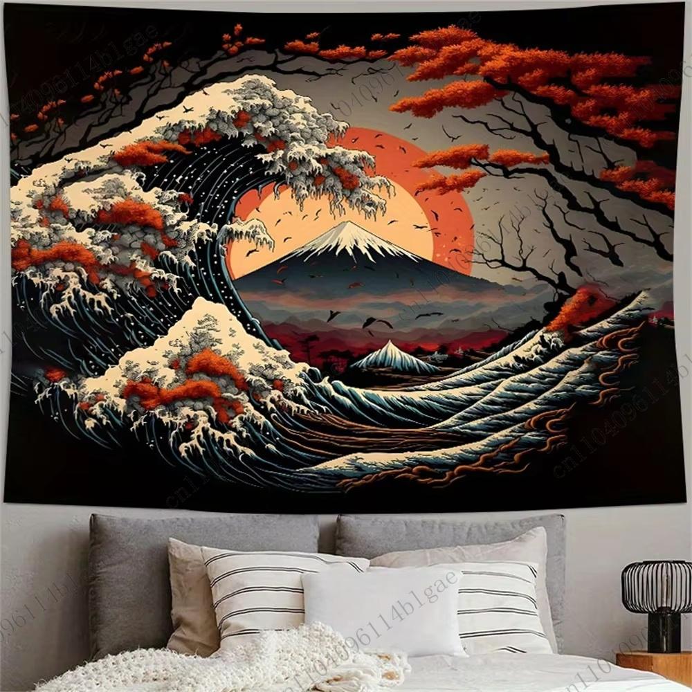 Восточный Морской Пейзаж Настенный Декор Японская Укиё-э Волна Гобелен Изголовье Кровати Эстетичное Украшение Комнаты Ткань для Фона Украшение Комнаты