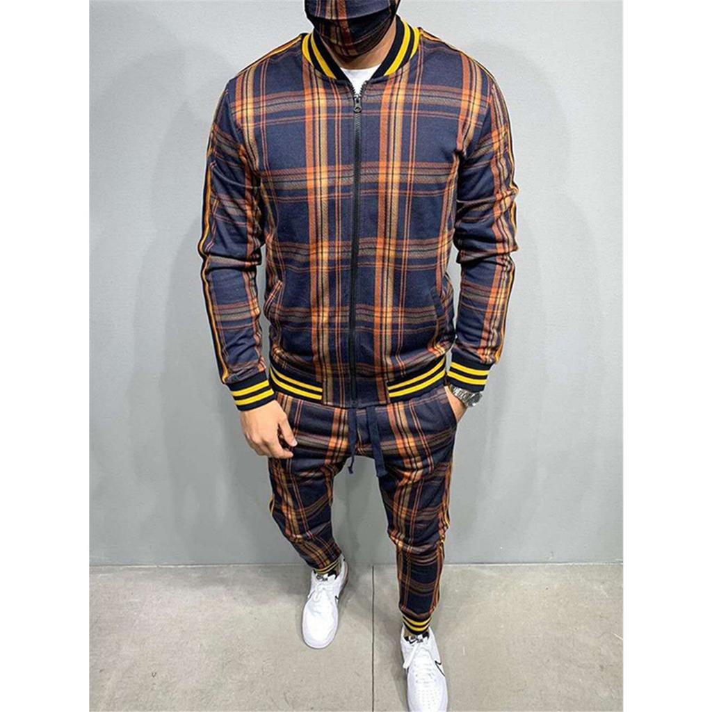 Zipper Set Colorful Plaid Men Casual Autumn Tracksuit Set Male Sweatshirt Pocket Fashion Jackets Men Tracksuit Sets Mens Set