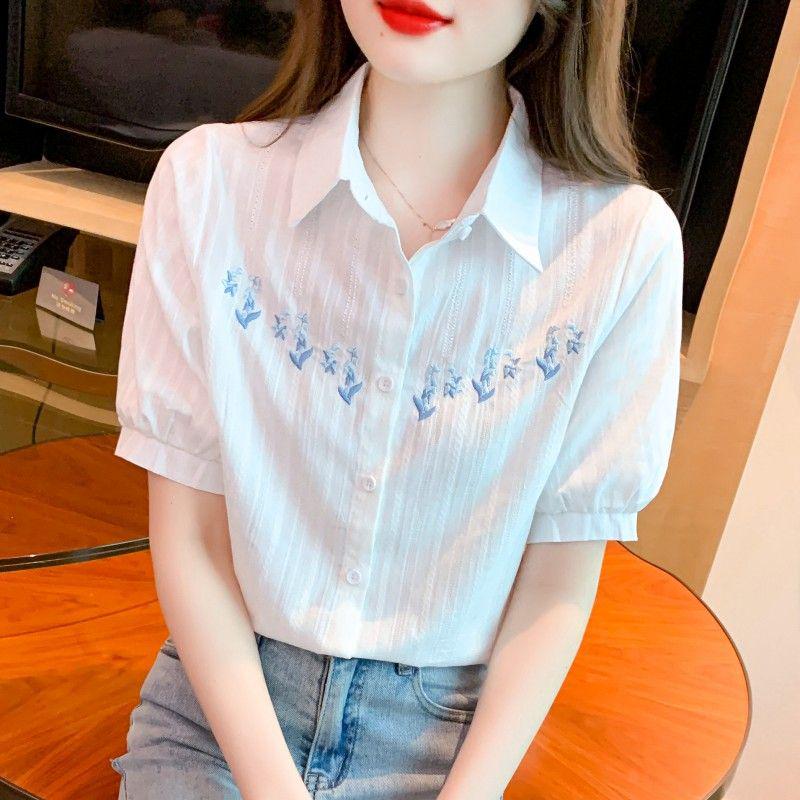 Женская модная рубашка из чистого хлопка с вышивкой, с коротким рукавом - Лето 2024