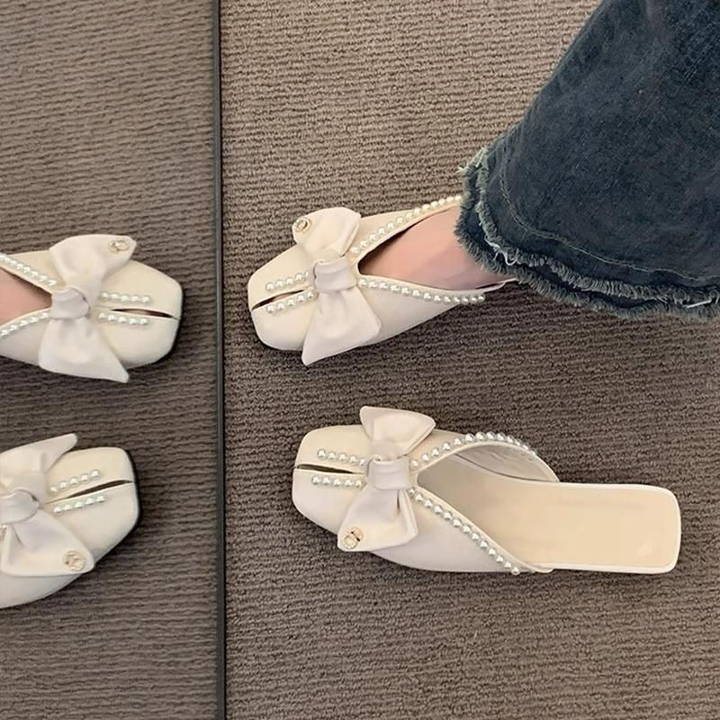 Баотоу полутапочки женские летние для улицы Новогодние новые корейская версия бант жемчуг плоская подошва мягкая подошва сандалии с открытым носком